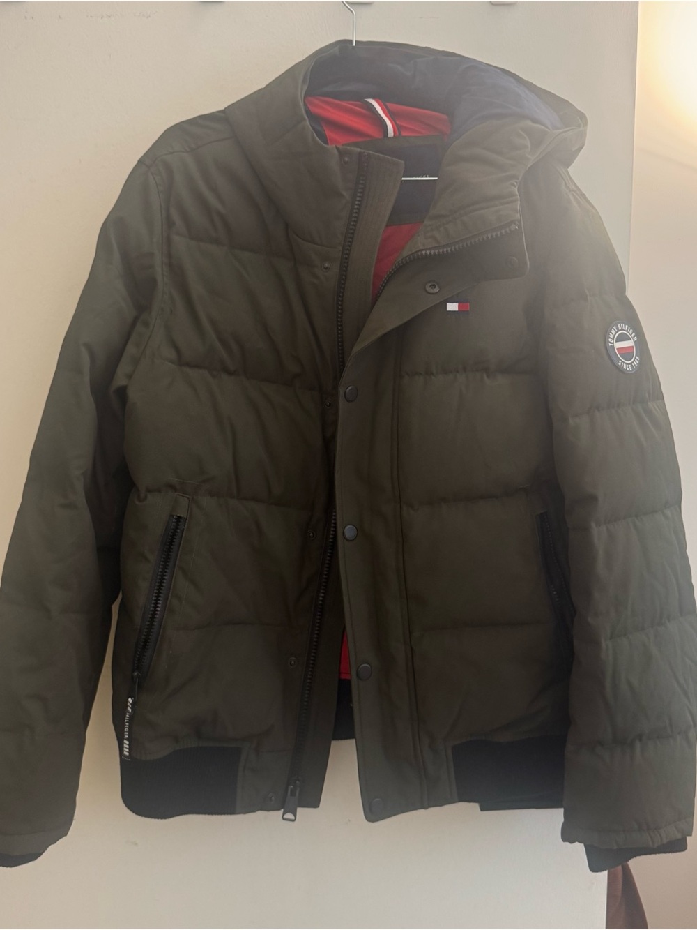 Tommy Hilfiger Olive Green Quilted Puffer Jacket with Red Lining
